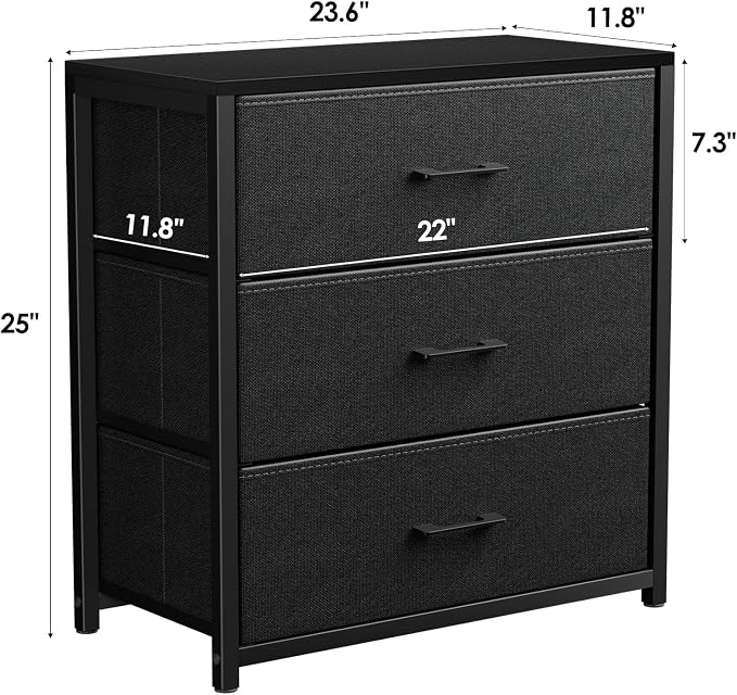 Memobarco Nightstand with 3 Drawers for Bedroom, Storage Dresser with Fabric Drawers and Metal Frame for Closet, Living Room, Bedside Table with Wood Top, Easy Pull Handle, Black - Image 2