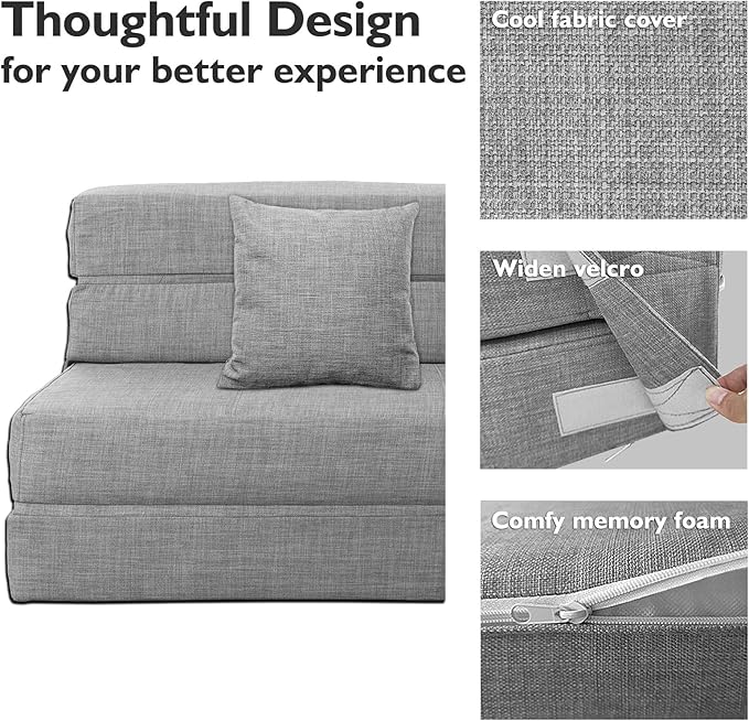 ANONER Folding Sleeper Chair Sofa Bed Lazy Couch with Pillow, Twin Size, Light Gray, Convertible Sleeper Chair and Foam Fold Out Chair Bed