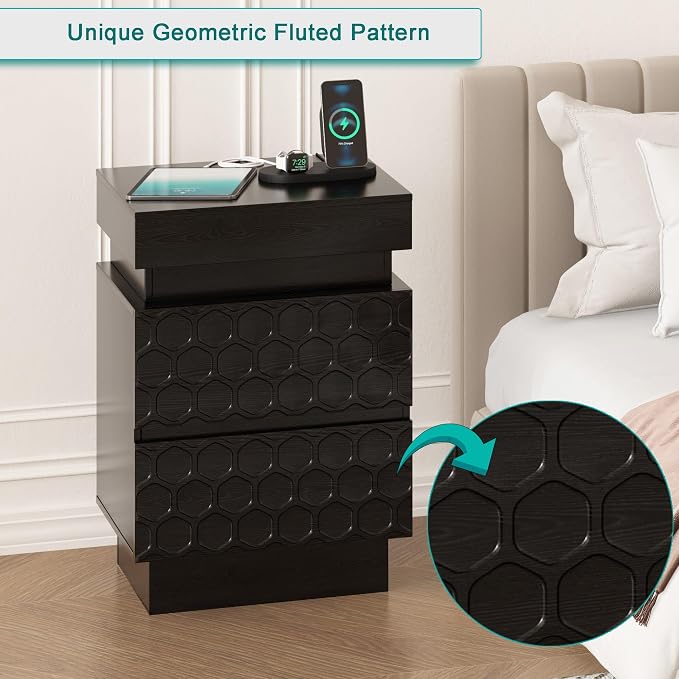 Led Nightstand with Charging Station, Hexagonal Fluted Night Stand with Sliding Top, Wooden Bedside Table with 3 Drawers, Modern Bed Side End Table for Bedroom, Living Room, Black - Image 4