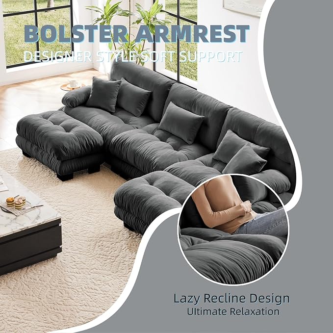 133.8" U-Shaped Cloud Couch, Oversized Modular Sectional Sofa, Deep Seat Cloud Boneless Couch, 3-Seat Modular Sectional Sofa with 2 Ottoman or Living Room,Bedroom and Apartment, Gray