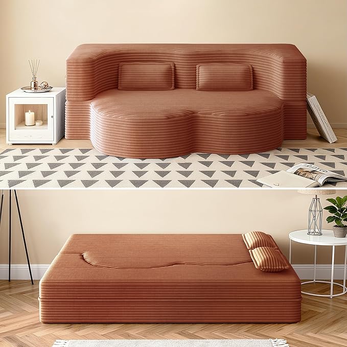 78" Convertible Sofa Bed, 2-in-1 Folding Floor Couch with 2 Pillows, Sleeper Sofa for Living Room and Bedroom, No Assembly Required (Orange, Corduroy Fabric)