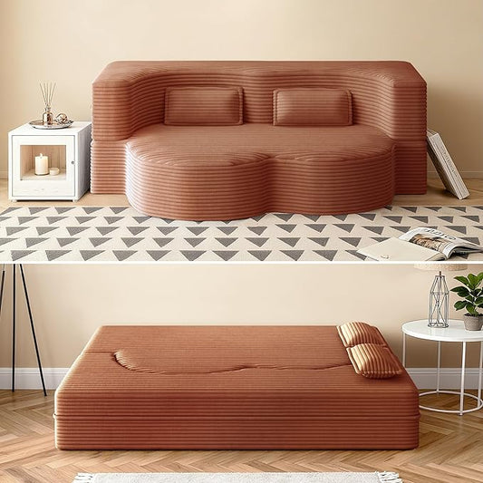 78" Convertible Sofa Bed, 2-in-1 Folding Floor Couch with 2 Pillows, Sleeper Sofa for Living Room and Bedroom, No Assembly Required (Orange, Corduroy Fabric)