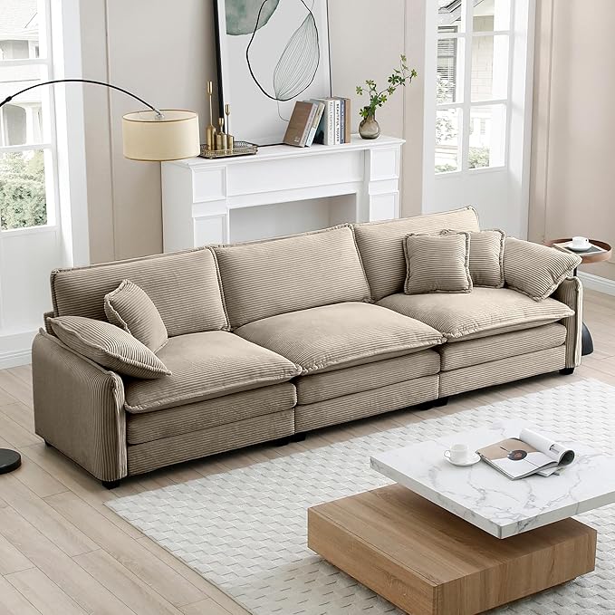 KEIKI 115" Oversized Corduroy Modular Sectional Cloud Sofa with High-Density Foam Cushions, Removable Armrests, Upholstered Modern 3-Seater Fluffy Corner Couch with 5 Pillow, for Living Room, Tan
