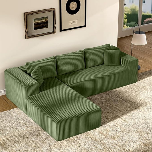 106" Modular Sectional Sofa, Green Corduroy Cloud Couch with Right Chaise, Deep Seat Boneless Floor Sofa for Living Room, High-Resilience Foam Support, No Assembly Required, Includes Pillows | Sectional Sofa, Corduroy Cloud, Boneless, High-Resilience, ...