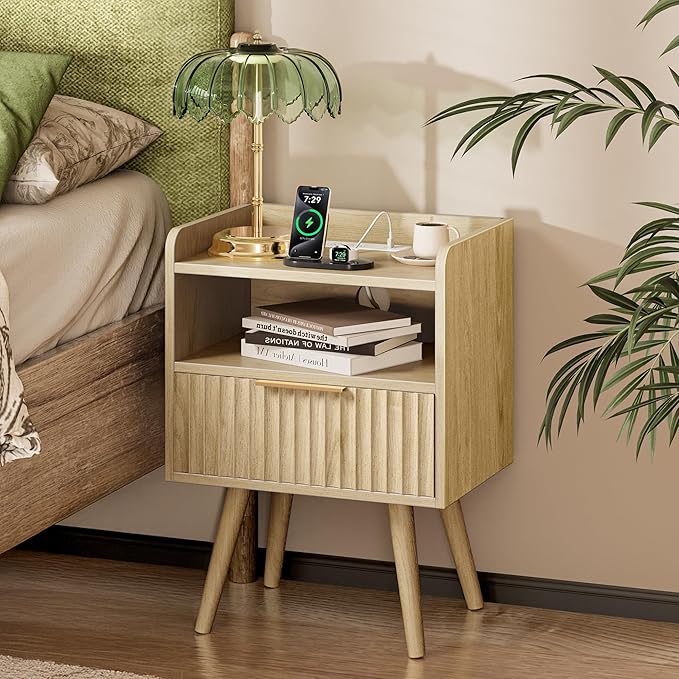 Huuger Nightstand with Charging Station, USB-C Port, Fluted Night Stand with Drawer, Bed Side Table with Solid Wood Feet, Open Storage, End Table with Raised Edge, for Bedroom, Natural by Huuger