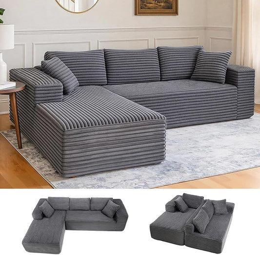 LUCKLIFE 108" Modular Sectional Couch with L-Shape Chaise,Corduroy Upholstery Boneless Couches for Living Room,Oversized Sleeper Sofa,No Assembly Required (Grey, L Shape with Left Facing Chaise)