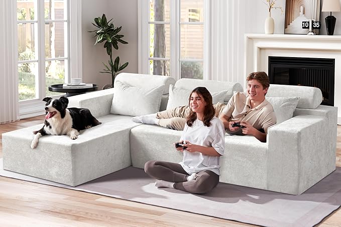 Homguava Modular Sectional Couches for Living Room, Cloud Couch with L-Shape Chaise,Comfy Sofa Living Room Couch with Deep Seat,No Assembly L Couch,Luxury Distressed Velvet(Begie,L)