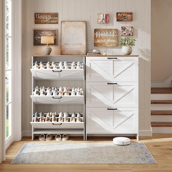 Shoe Storage Cabinet for Entryway, Nicetree Freestanding Shaker Barn Door Ultra Slim Shoe Cabinet With 3 Flip Drawers, Farmhouse Shoe Rack With 3-Tier Adjustable Shelves For Hallway Foyer Rustic-White - Image 8