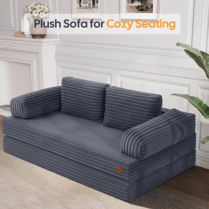 MeMoreCool Convertible Sofa Bed, Folding Floor Couch Bed Queen, Pull Out Sleeper Couch with Pillows, Fold Out Futon Sofa for Bedroom Living Room Small Space, Corduroy Grey