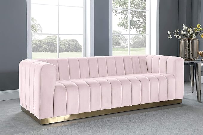 Meridian Furniture 603Pink-S Marlon Collection Modern | Contemporary Velvet Upholstered Sofa with Deep Channel Tufting, Stainless Steel Base in a Brushed Gold Finish, Pink, 86.5" W x 34" D x 28" H
