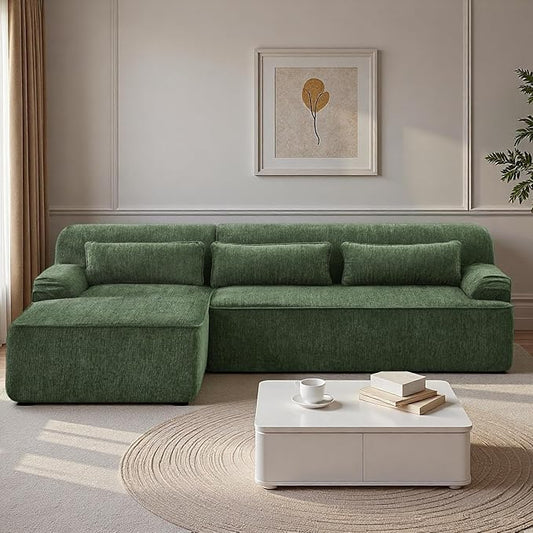 L-Shaped Sectional Sofa, Luxury Upholstered Chenille 3-Seater Sofa with Left Chaise Lounge & 3 Lumbar Pillows, Modern Comfy Oversized Couch with Side Pocket for Living Room, Apartment, Green