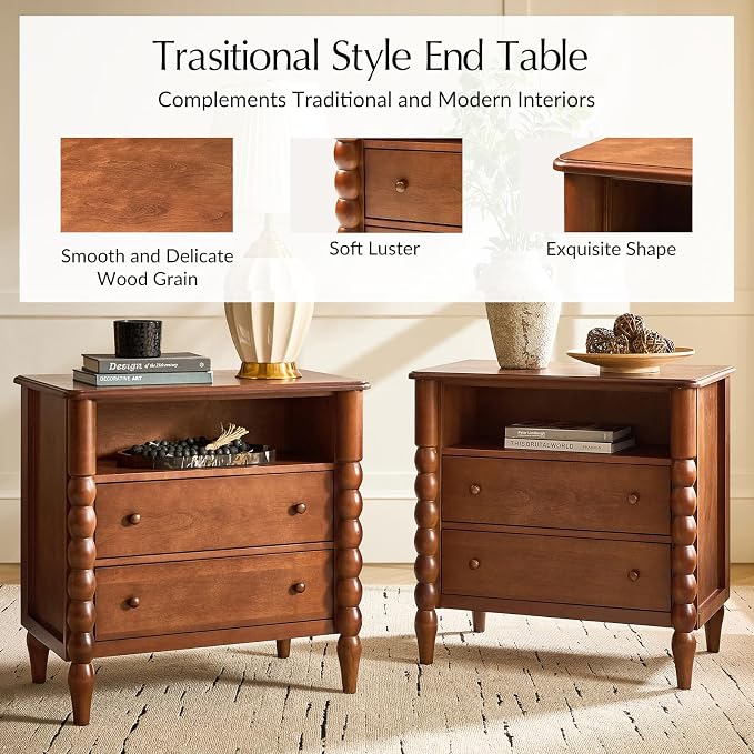 HULALA HOME Farmhouse Storage End Table Set of 2 with Spindle Columns, 2 Drawers and Open Shelf Side Table, Solid Wood Fluted Side Table with Charging Station, Brown - Image 6