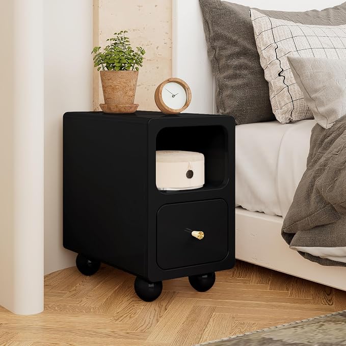 Solid Wood Nightstand, Narrow Night Stand with Drawers, Black Mid Century Modern Nightstand, Small Bedside Table with Open Storage Shelf for Bedroom (10 Inch) - Image 6
