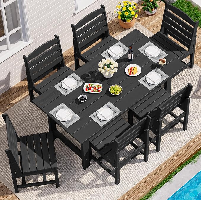 SERWALL Patio Dining Sets for 6 Person, HDPE Dining Set with 6 Armless Chairs, Black by SERWALL