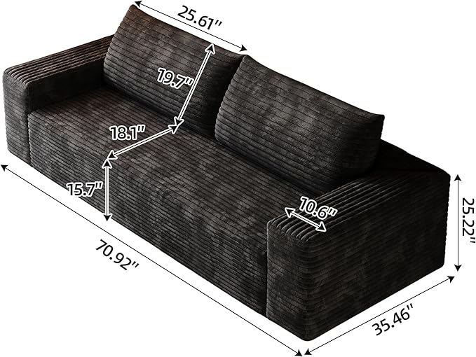 3 Seater Couch for Living Room, 71.3 INCH Fluffy Corduroy Boneless Couch Cloud Loveseat with Wide Armrest, Upholstered Floor Sofa in A Box, No Assembly Required