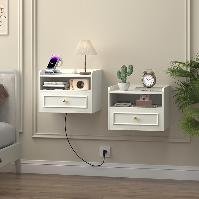 Floating Nightstand with Charging Station Set of 2, Modern Wall Mounted Bedside Tables with Drawer & Open Shelf, Modern Hanging Table with USB & Type C Ports for Bedroom, Small Spaces (AntiqueWhite) - Image 8