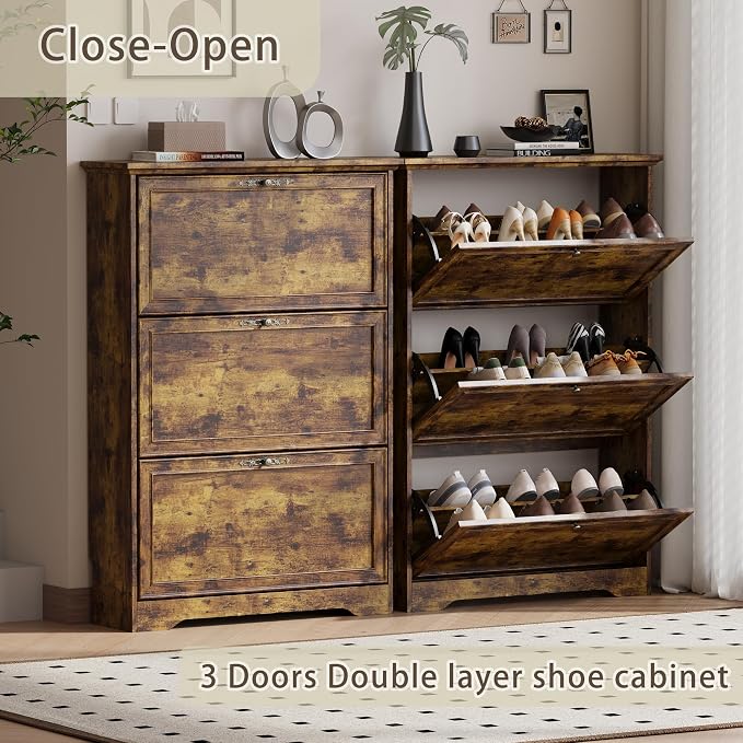 BORNOON 3 Flips Shoe Cabinet for Entryway, Narrow Shoe Storage Cabinet with Adjustable Shelves, Wooden Space-Saving Organizer and Rack for Foyer, Closet, Hallway - Image 4