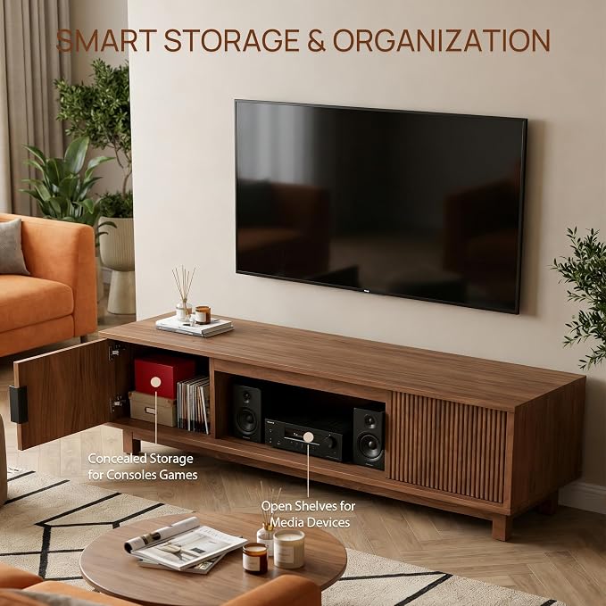 Alpen Mid Century Modern TV Stand for Living Room, 58.01" Fluted Entertainment Center with Storage, Brown Walnut TV Console for 55/60/65 Inch TV, Wood Television Media Cabinet for Bedroom - Image 2