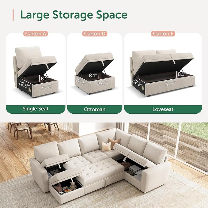 HONBAY Sectional Sleeper Sofa Couch with Pull Out Bed, Convertible L Shaped Couch with Storage, Sleeper Sectional Sofa Bed for Living Room, Beige