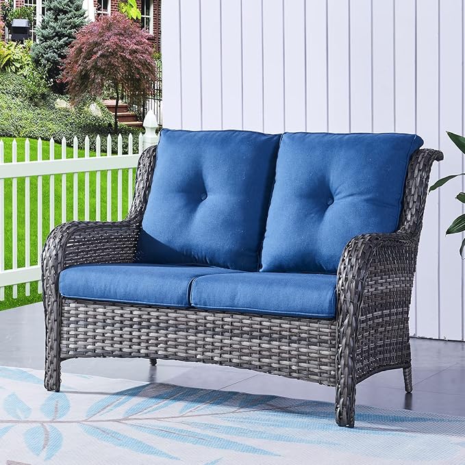 HUMMUH 6 Piece Patio Furniture Set PE Wicker Rattan 3-Seat Outdoor Sectional Sofa with Love Seats,Patio Swivel Chairs,Ottomans Conversation Sets for Garden, Poolside, Backyard