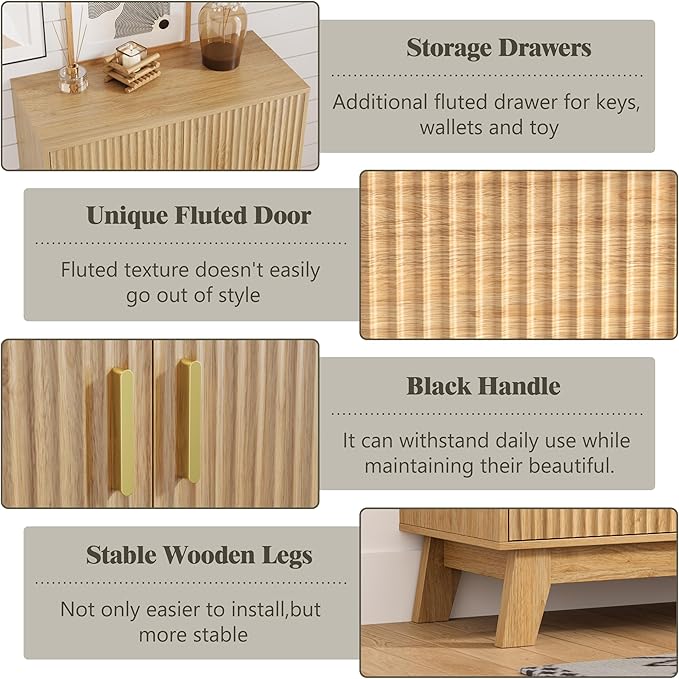 Shoe Cabinet Storage for Entryway with Doors, 4 Tier Fluted Shoe Organizer with 2 Drawers, Entryway Shoe Storage with Adjustable Shelves, Freestanding Hidden Shoe Rack for Front Door Entrance, Oak - Image 5