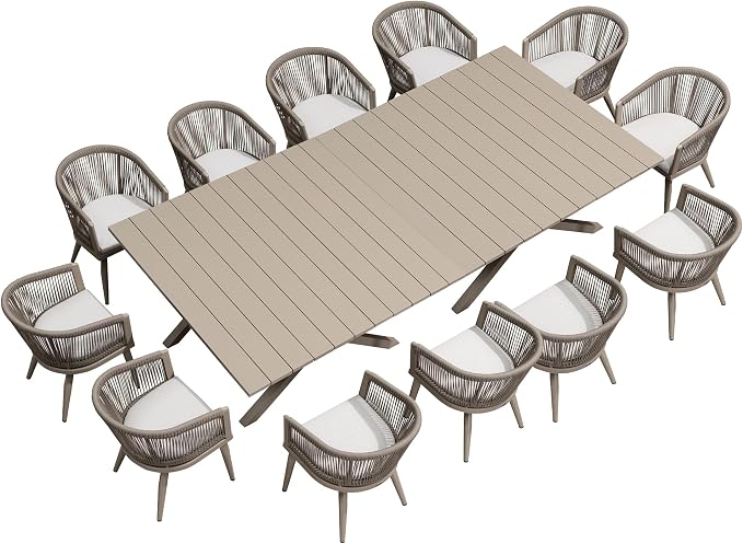 PURPLE LEAF Outdoor Dining Set for 12 All-Weather 14 Pieces Patio Aluminium Dining Large Table and Rope Weave Chairs Included Cushions for Deck Indoor Decor Kitchen Patio Furniture Set Champagne by PURPLELEAF
