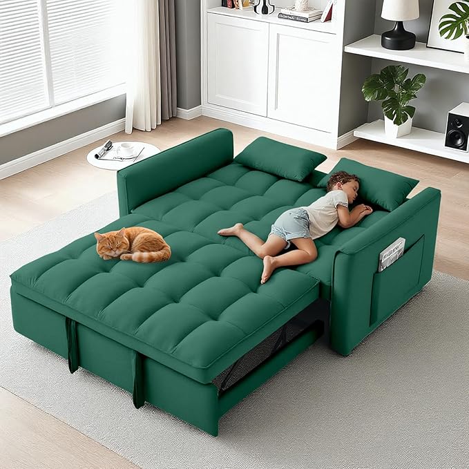 3 in 1 Pull Out Sofa Bed, 54" Sleeper Sofa Bed with 3-Level Adjustable Backrest, Velvet Fabric Loveseat Sleeper Couch for Living Room & Bedroom & Apartment & Dorm Furniture, Green