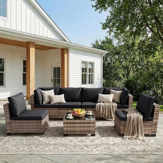 7 Piece Outdoor Wicker Patio Furniture Set, Rattan Sectional Sofa Conversation Set with Coffee Table & Cushions, for Poolside Backyard Garden Porch, Brown Wicker/Black Cushion