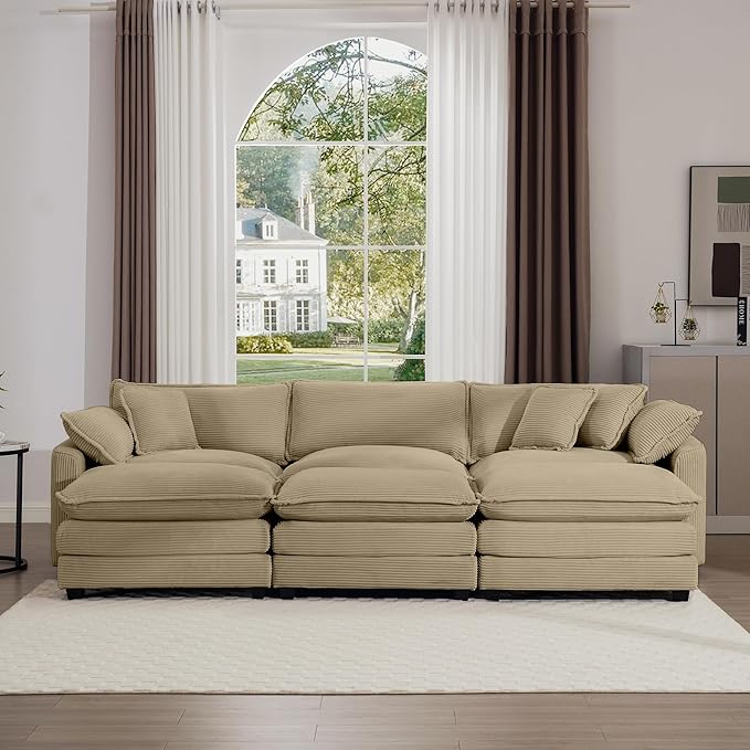 KEIKI 115" Oversized Corduroy Modular Sectional Sofa with 3 Ottoman, High-Density Foam Cushions, Removable Armrests, Upholstered 3-Seater Fluffy Corner Couch with 5 Pillow, for Living Room, Tan
