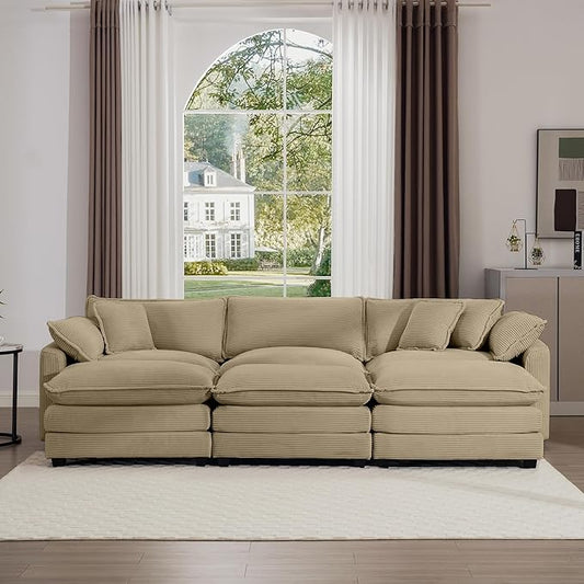 KEIKI 115" Oversized Corduroy Modular Sectional Sofa with 3 Ottoman, High-Density Foam Cushions, Removable Armrests, Upholstered 3-Seater Fluffy Corner Couch with 5 Pillow, for Living Room, Tan