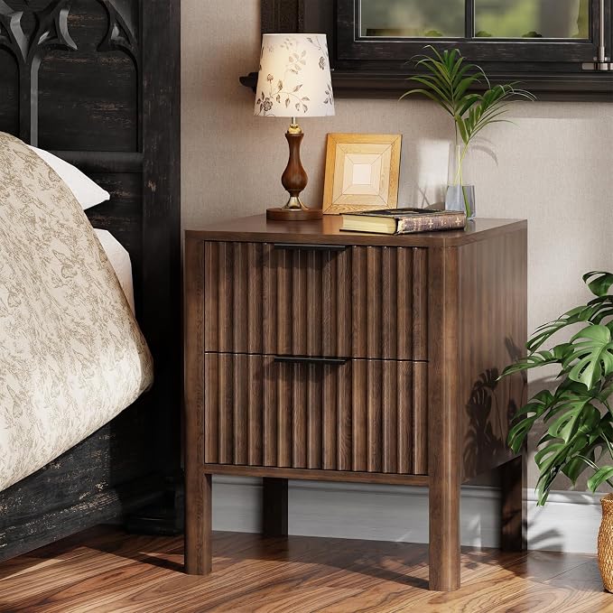 MODNEST 18" Fluted Nightstands Set of 2, Bed Side Tables with Drawers for Bedroom Mid Century Modern Night Stand Wood Nightstand Small End Table Bedroom Set, Walnut - Image 3