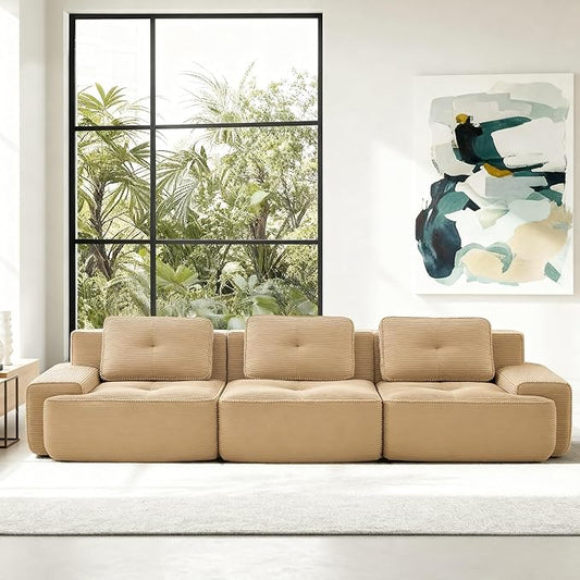 Casaphoria 115'' Camel Corduroy Sofa, Boneless Sectional Couch with 3 Pillows for Modern Living Room, Deep Seat Sofa No Assembly Modular Cloud Couch