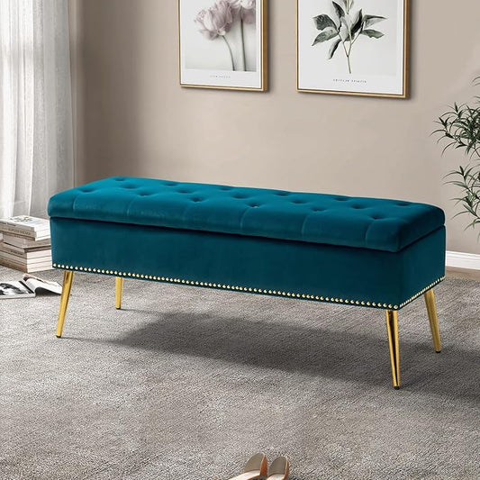 HULALA HOME Modern Velvet Storage Ottoman Bench with Gold Base & Nailhead Trim, Upholstered Bedroom Bench for End of Bed, Button-Tufted Footstool for Entryway Living Room Dining Room, Teal by HULALAHOME