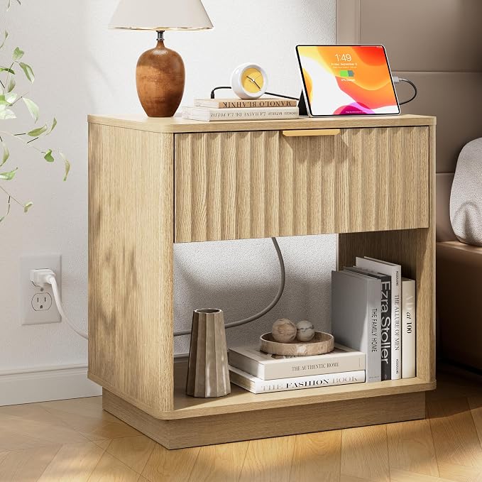 Fluted Nightstand, 23" Wide Night Stand, Large Modern Nightstand with Charging Station, Wooden End Table with Drawer, Bedside Table for Bedroom Sofa Home Office, Curved Corners, Natural Oak by FavourLife