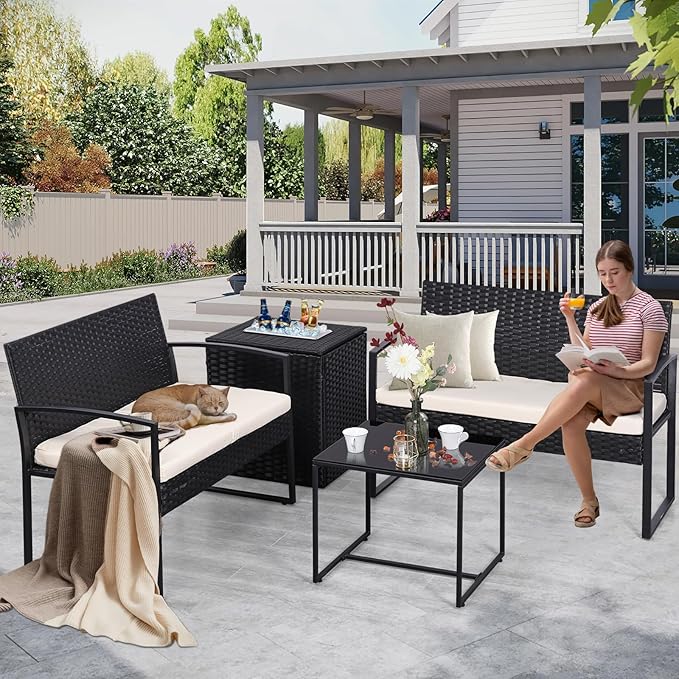 FHFO 4 Piece Outdoor Patio Furniture Set with Built-in Beverage Cooler Storage Box, Wicker Conversation Sets Patio Outdoor Loveseats & Coffee Table for Outside, Garden, Balcony, Porch, Black/Beige