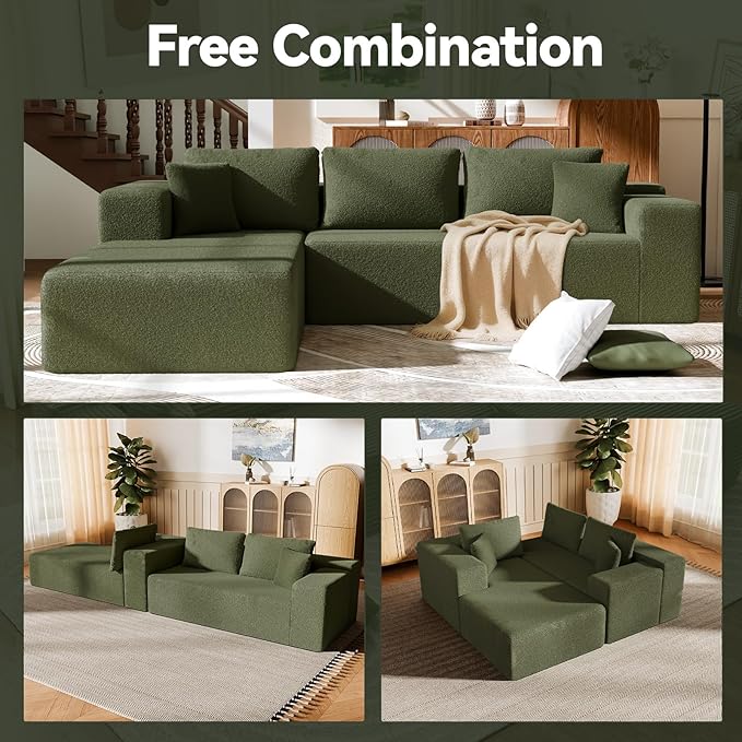 106" Modular Sectional Sofa, Green Wool Cloud Couch with Right Chaise, Deep Seat Boneless Floor Sofa for Living Room, High-Resilience Foam Support, No Assembly Required, Includes Pillows | Sectional Sofa, Corduroy Cloud, Boneless, High-Resilience, No A...