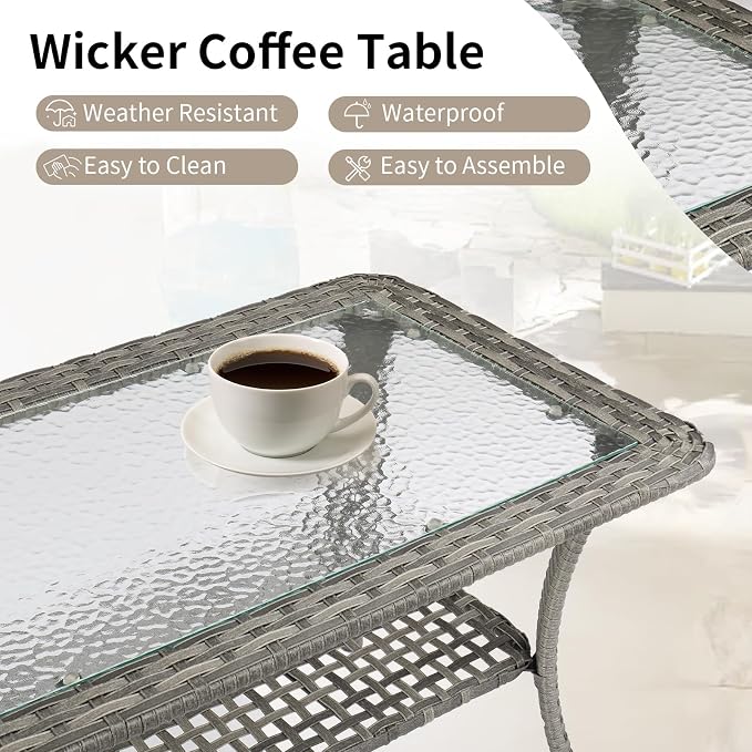 VINGLI Outdoor Coffee Table with Storage Wicker Patio Coffee Table, Tempered Glass Top Coffee Table for Patio Outside Balcony Porch Deck (Grey) - Image 4