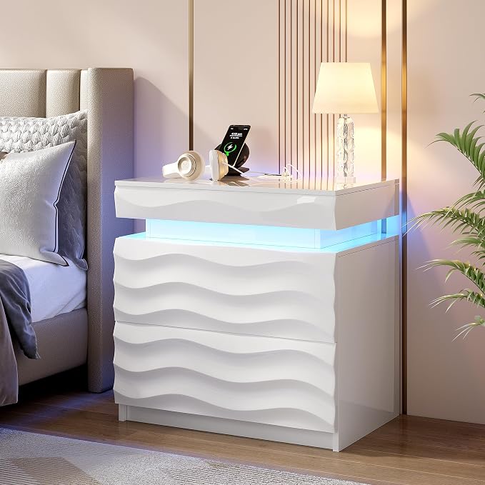 Night Stand with Gun Drawer - 23.6" Extra Wide LED 2 - Drawer Nightstand with Hidden Storage Human Sensor Light - Charging Bedside End Table with USB & Type-C Port for Bedroom, White by SKKTKT