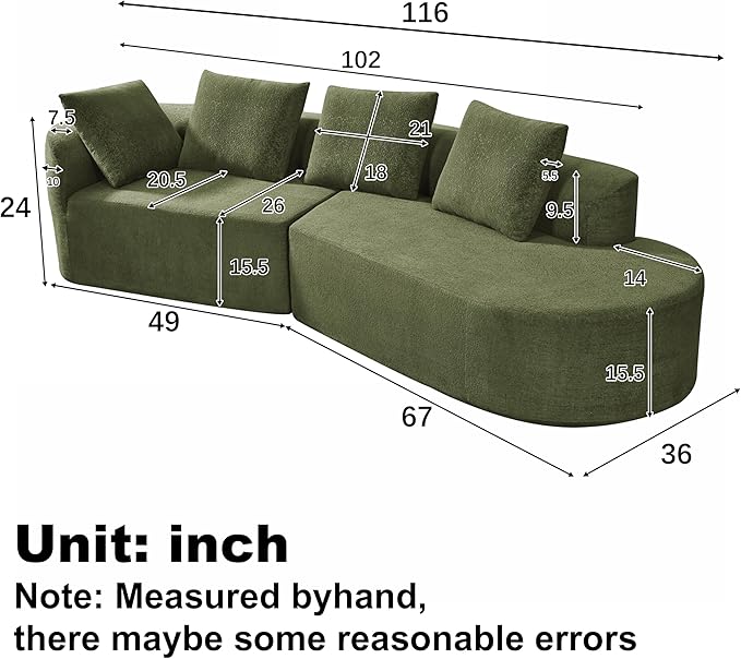 Merax 116" Curved Polyester Sectional Sofa, Modern Pearl Upholstery 3 Seat Cloud Couch with Chaise Lounge & 4 Pillows for Living Room, Green