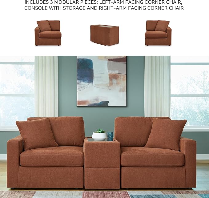 Signature Design by Ashley Modmax Urban Modular Stain Resistant 3-Piece Sectional with Storage Console, Drawer and 2 Accent Pillows, Orange