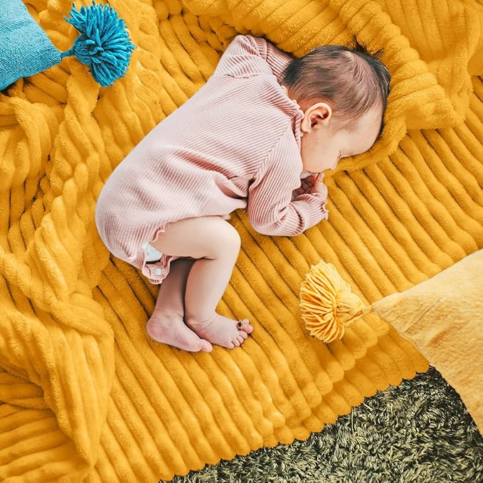 DISSA Fleece Blanket Twin Size – 60x80, Yellow - Soft, Plush, Fluffy, Fuzzy, Warm, Cozy – Perfect Throw for Couch, Bed, Sofa - with Pompom Fringe - Flannel Blanket