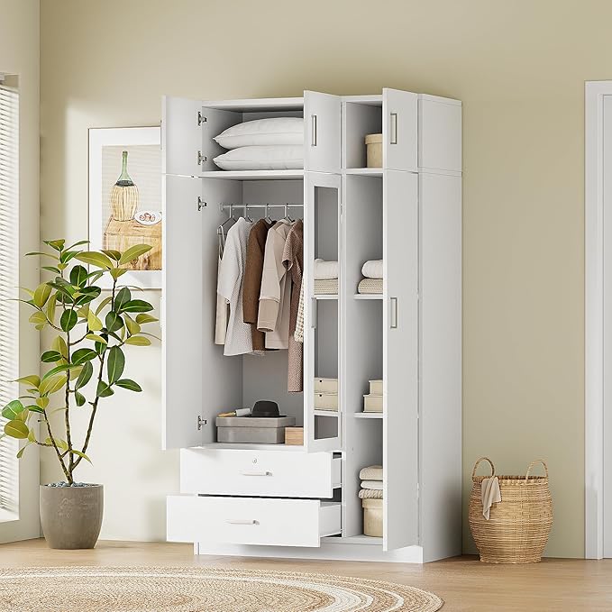Merax 3 Doors Wardrobe with Mirror Door and Top Cabinet, Wooden Closet Wardrobe Organizers with Hanging Rail, 2 Drawers and 4-Tier Storage Shelves for Bedroom, Laundry Room, White