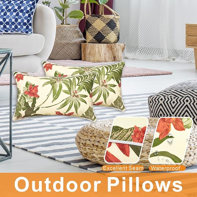 JMGBird Outdoor Lumbar Pillows Set of 2, 12x20 Inch Weather-Resistant Decorative Throw Pillows for Patio Furniture (Grass Green)