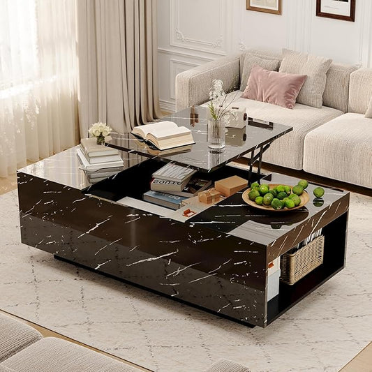47" Modern LED Coffee Table with Lift Top, All Black Coffee Table with Storage High Gloss Surface, Hidden Storage with Drawer, Open Shelves, and Built-in Power Outlet for Living Room