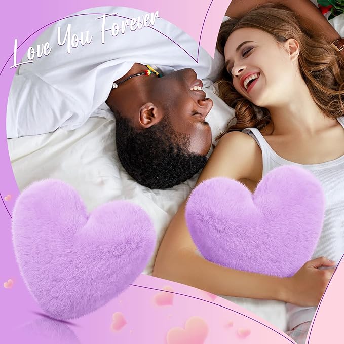 Marsui 2 Pcs Heart Throw Pillows, Soft Fluffy Faux Fur Decorative Hearts Shaped Pillows for Living Room Sofa Bed, Cute Heart Themed Gift for Women(Purple,11.81 x 11.02 Inch)