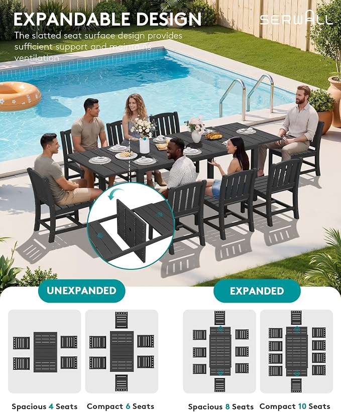 SERWALL 10-Piece Patio Dining Sets with 15FT Patio Umbrella, 60" - 83" Expandable Outdoor Dining Table and 8 HDPE Chairs, Aluminum Frame Table with HDPE Tabletop, Black (Umbreall Base not Included) - Image 6