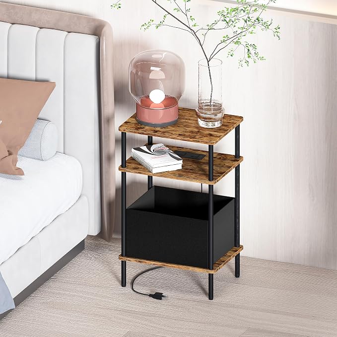 Small Side Table with Charging Station, End Table for Small Spaces, Slim Nightstand with Outlet,Sofa Beside Table, 3-Tier Storage Shelf,Living Room, Bed Room, Rustic Brown - Image 2