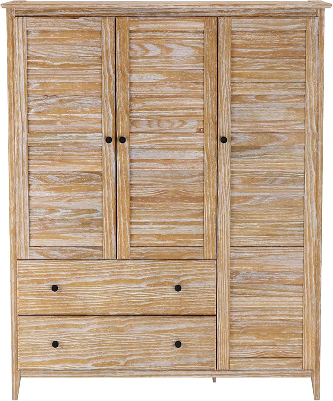 Grain Wood Furniture Greenport 3-Door Wardrobe, Solid Wood with Brushed Driftwood Finish