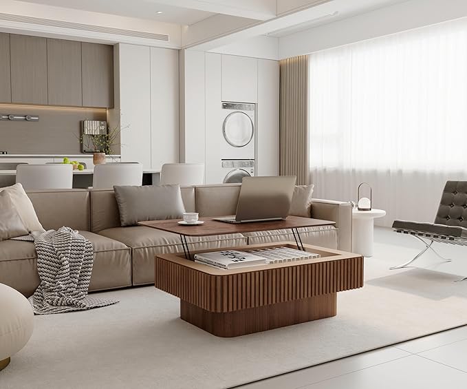 Coffee Table with Lifting Top for Living Room,Mid Century Modern Wood Fluted Lift Top Coffee Tables with Storage,38.6'' Farmhouse Rectangular Lift Pull Up Tabletop for Apartment Office, Office,Walnut