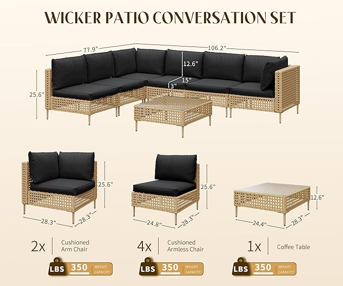 LHBcraft 7-Piece Wicker Outdoor Patio Furniture Set, Modular Rattan Outdoor Furniture, Patio Conversation Sets, Handmade Rattan, Water Resistant Fluffy Cushions and Coffee Table, Black